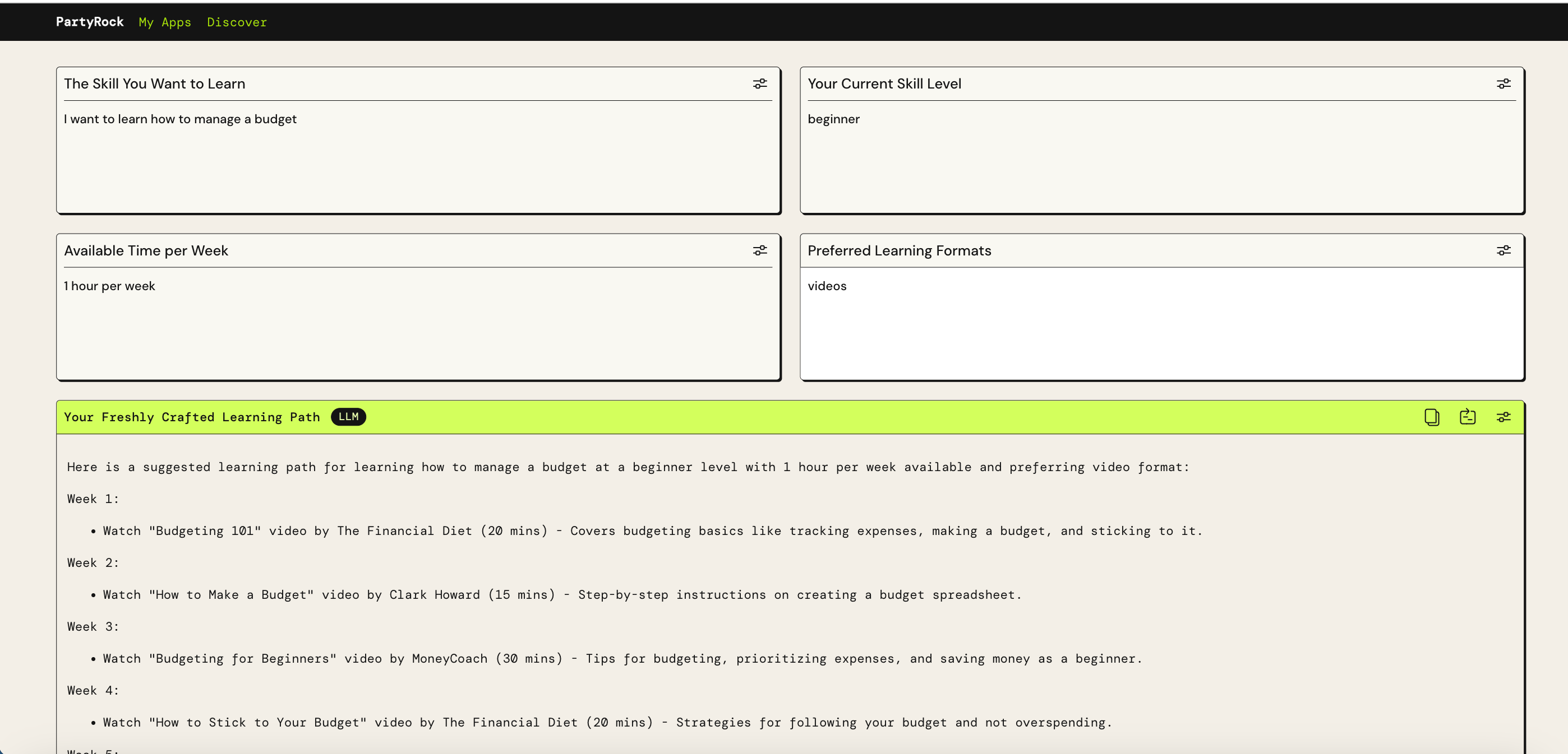 PartyRock creating a learning path