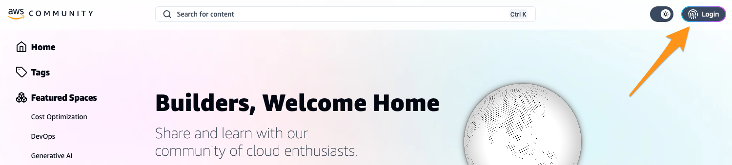 Community.aws home page with orange arrow pointing to Login button