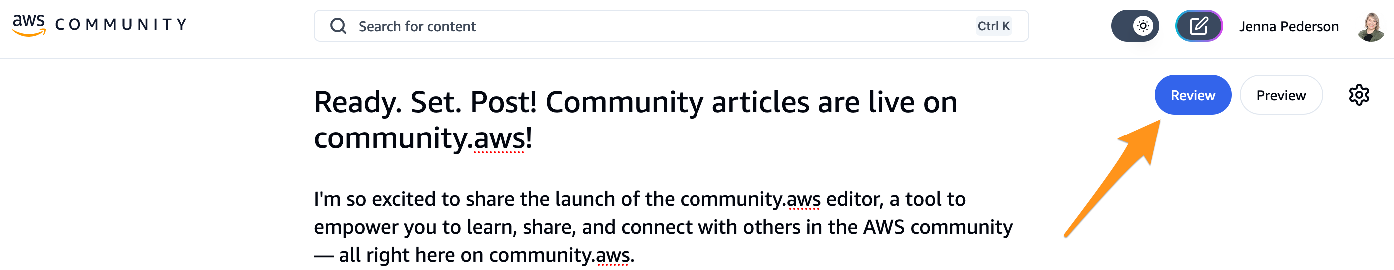 Edit page with orange arrow pointing to Review button.