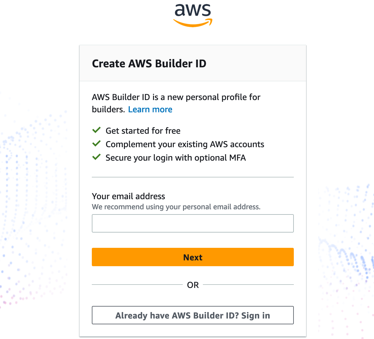 Page prompting you to sign up with Builder ID or sign in with an existing account.