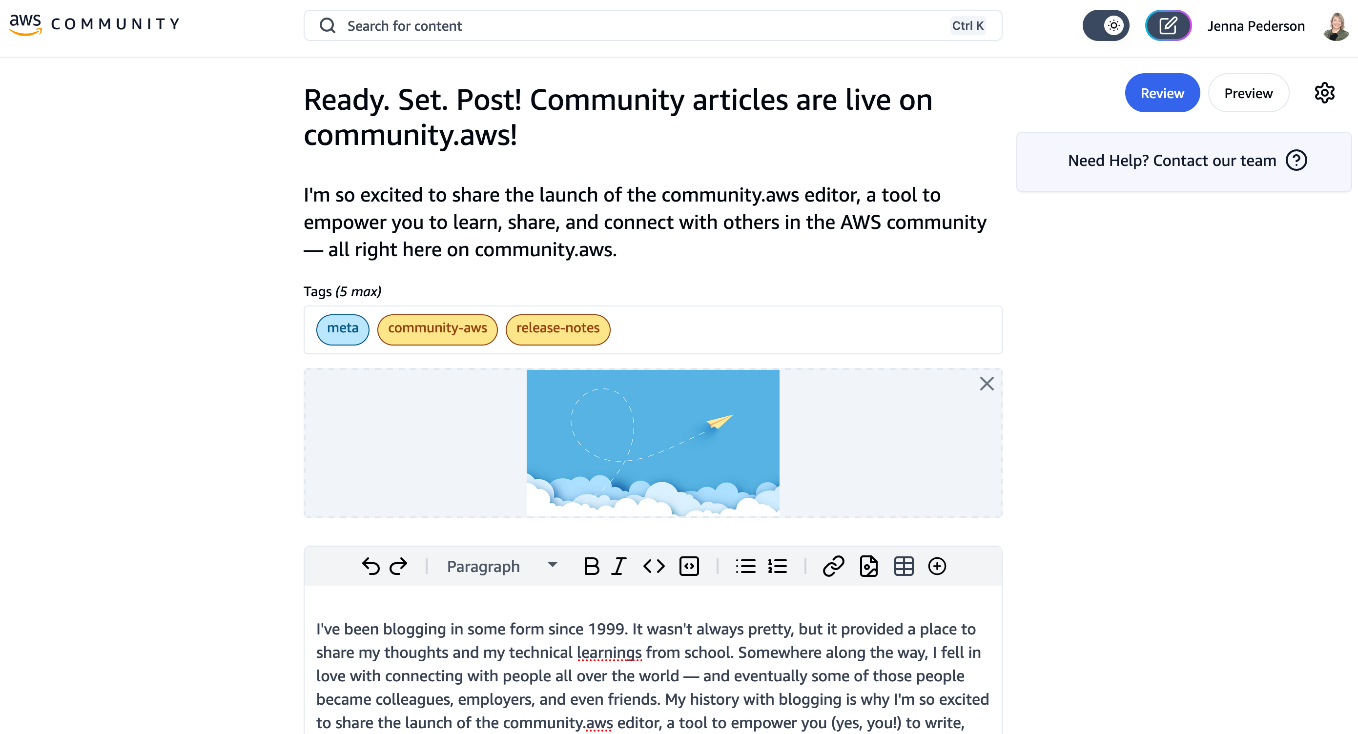 The editor page, showing title, description, tags, header image, and body.