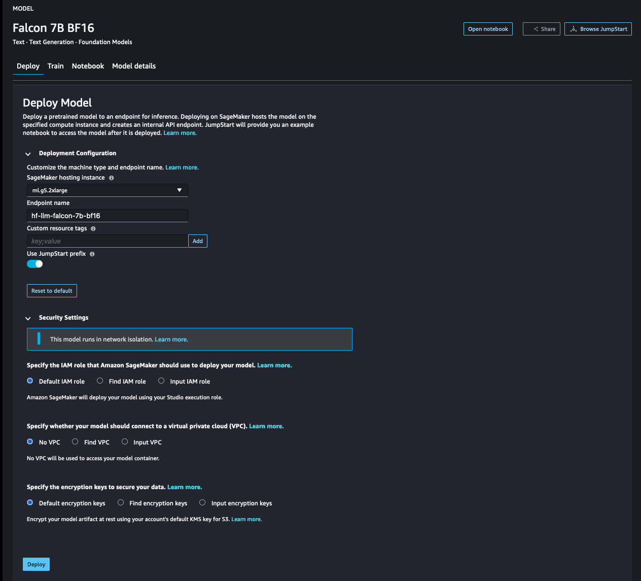 Deployment customization options on Sagemaker jumpstart