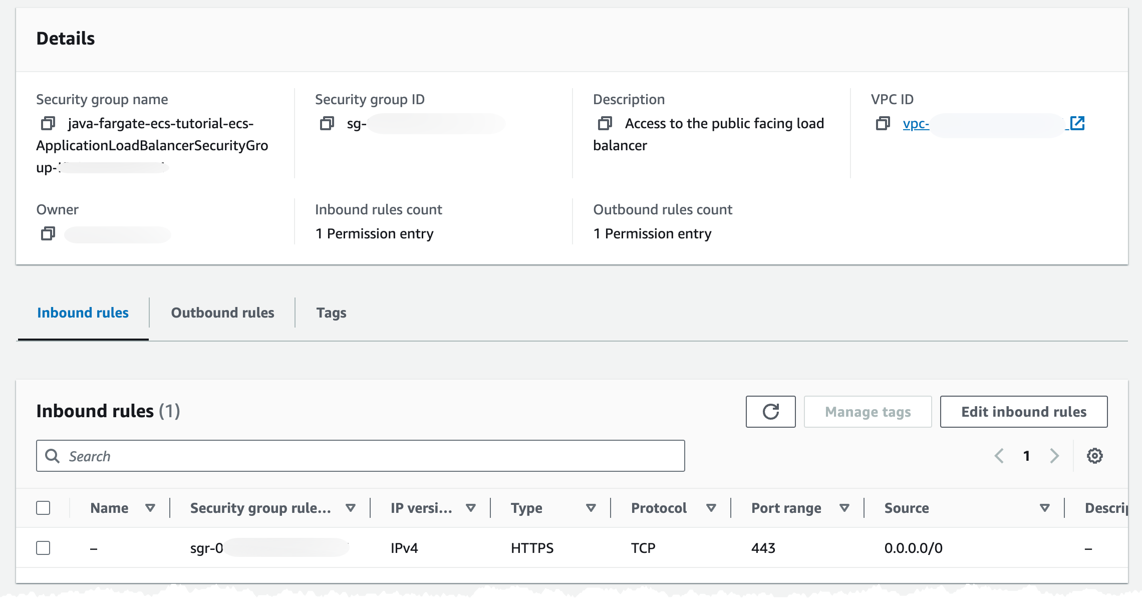 Image showing security group overview for ALB