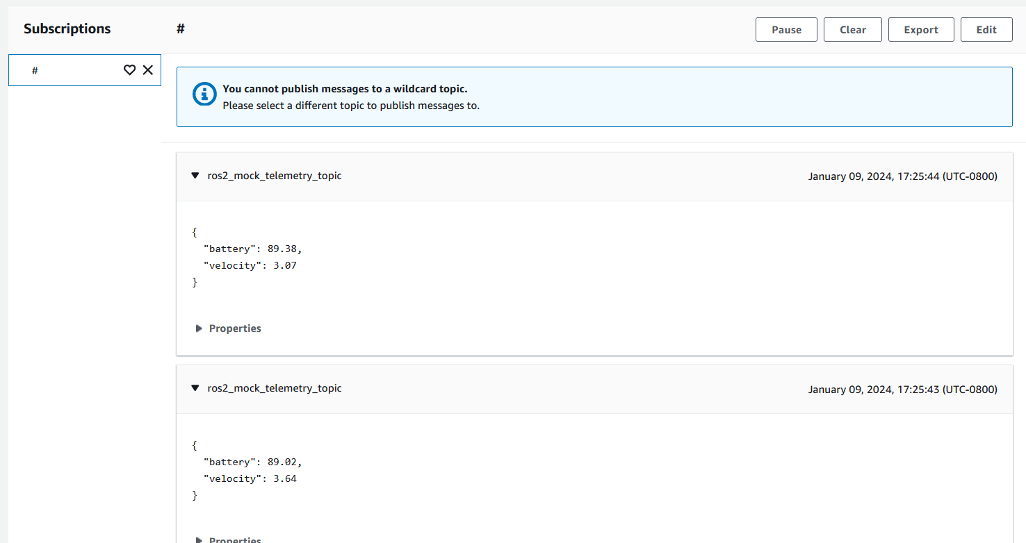 Test Client shows messages published by node