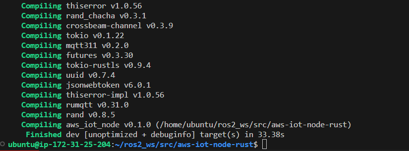 Log shows Cargo has compiled many packages successfully.