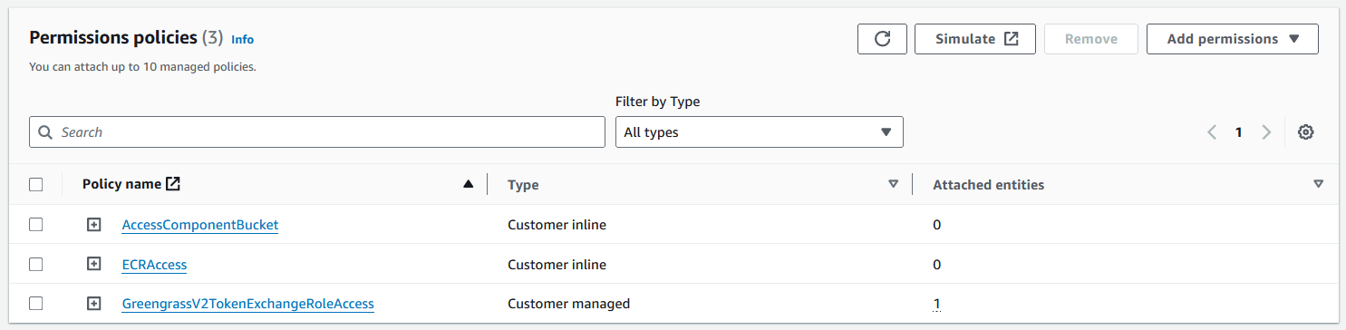 Show that ECRAccess and AccessComponentBucket policies are available.