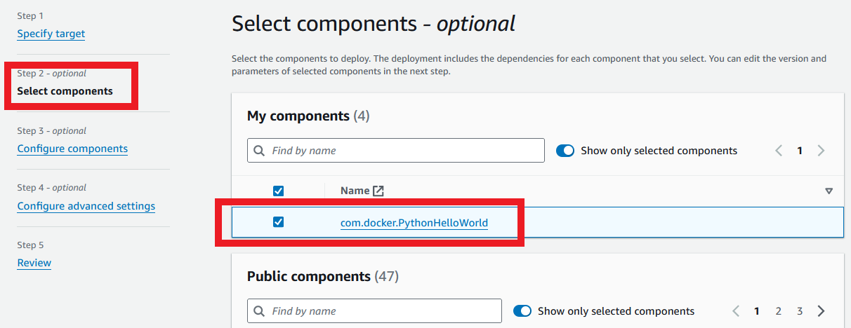 Show new private component ticked for deployment