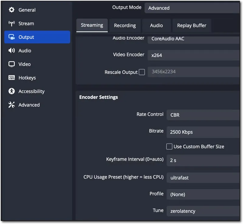 Output streaming settings