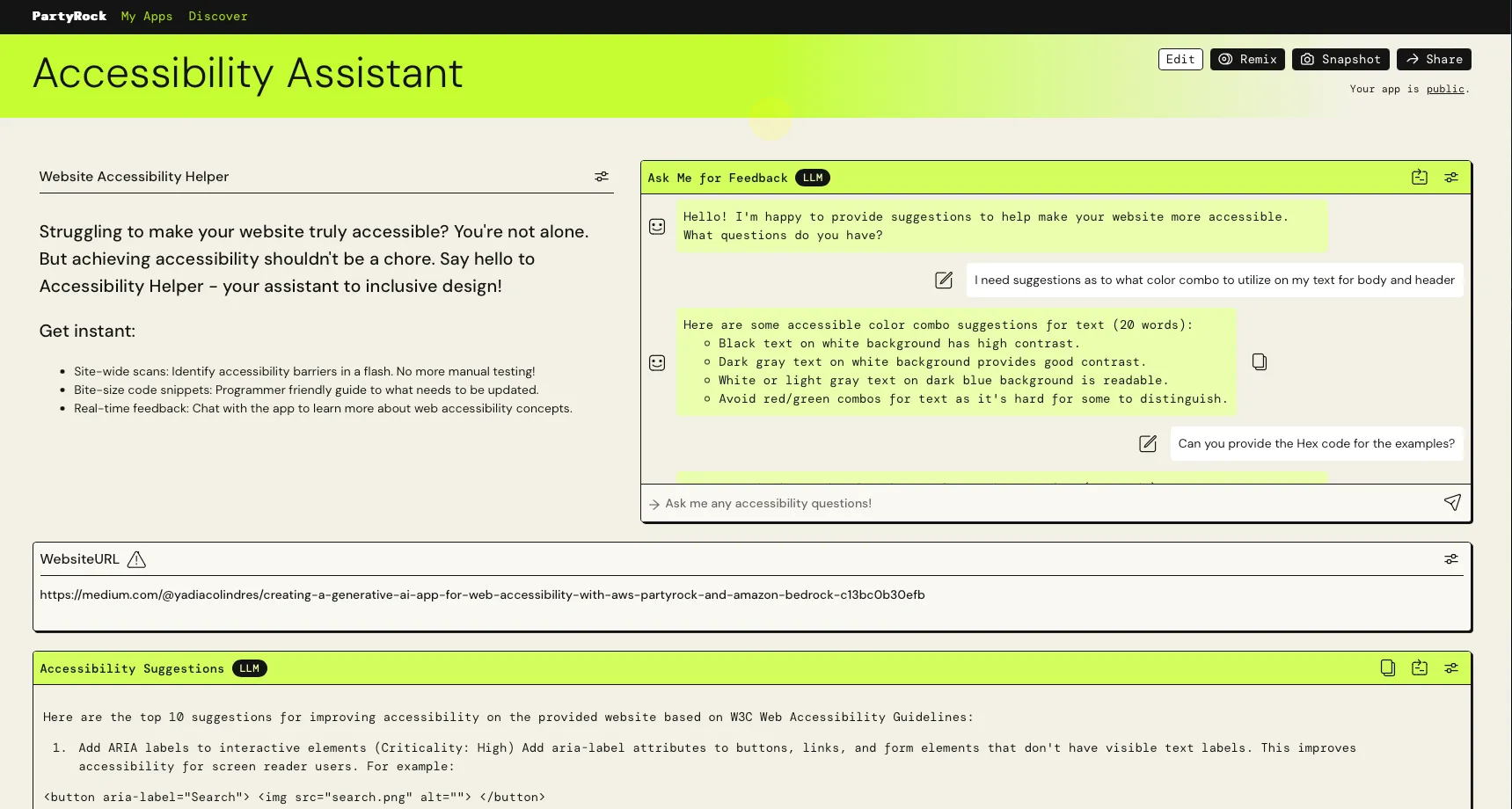 Screenshot of feedback of Assistant after reviewing a website via URL.