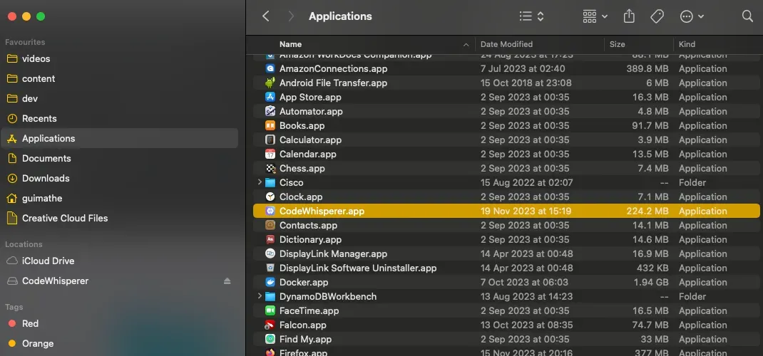 CodeWhisperer.app should be listed in your Applications folder