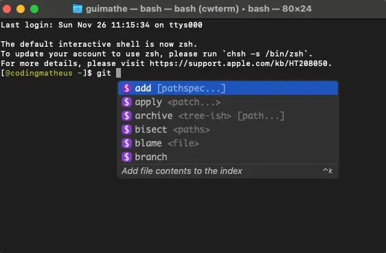 An example of CodeWhisperer in action when using the git command