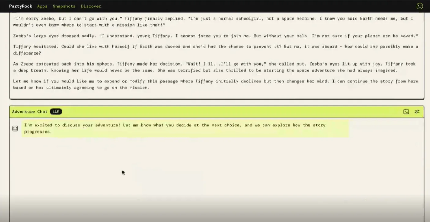 Example of the Adventure chat bot which will continue the story in freestyle based on previously gen