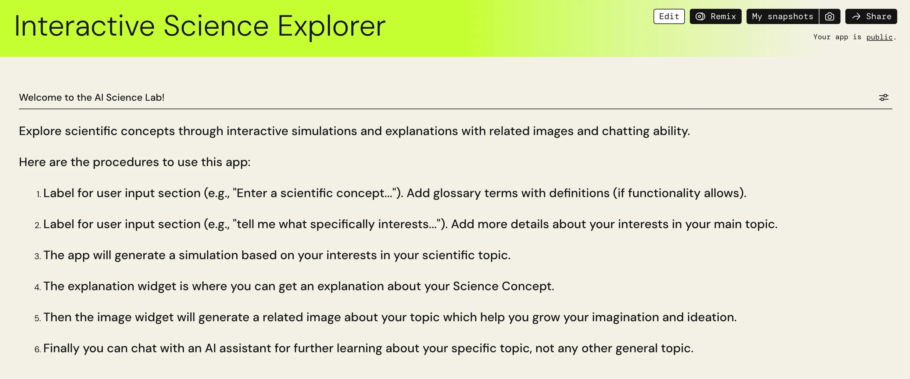Interactive Science Explorer | AWS Partyrock AI App