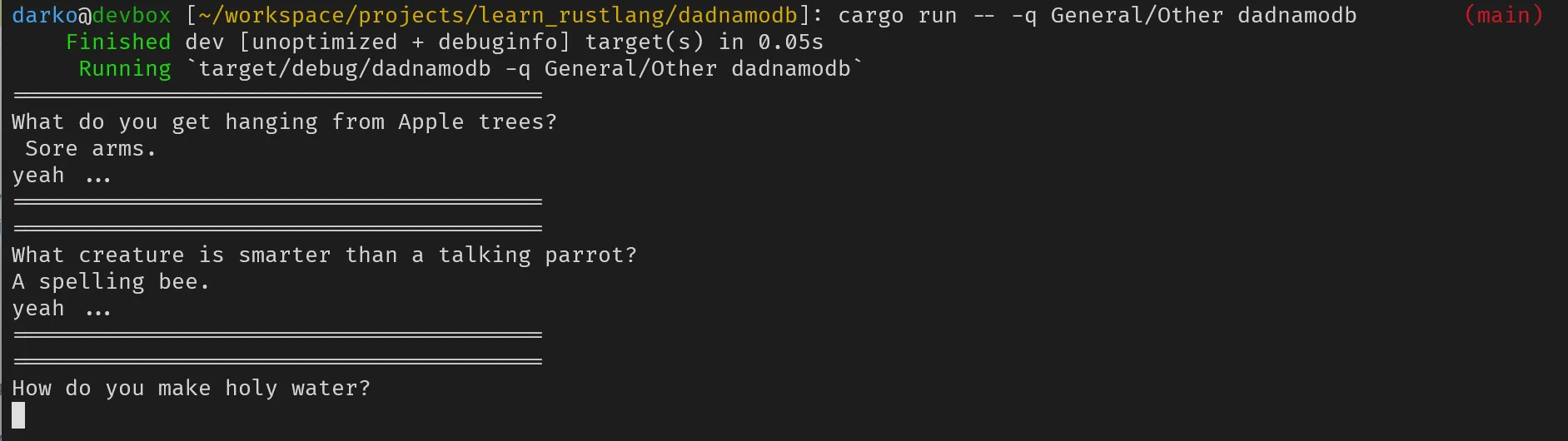 screenshot of the dadnamodb application running