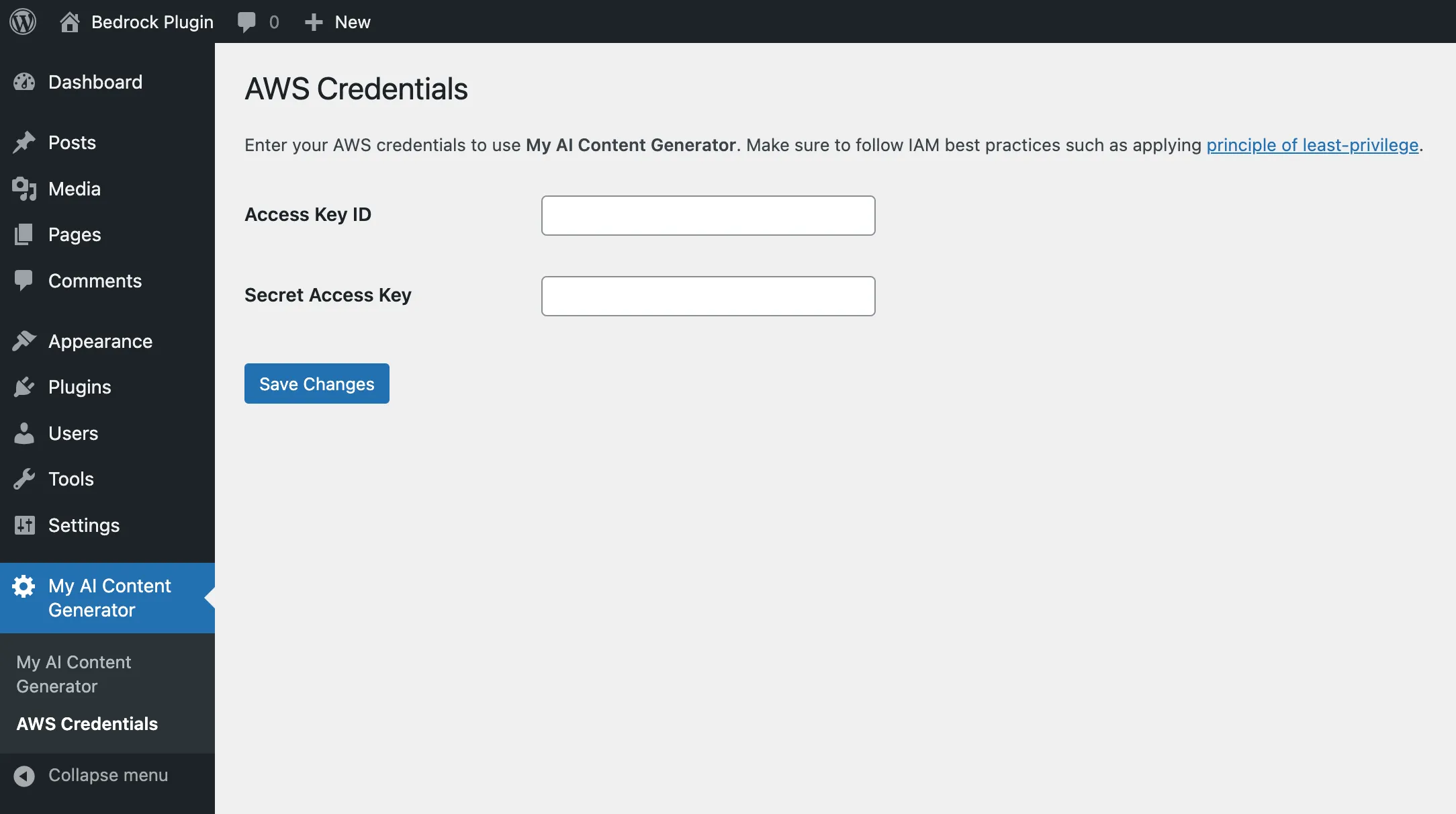 AWS Credentials page