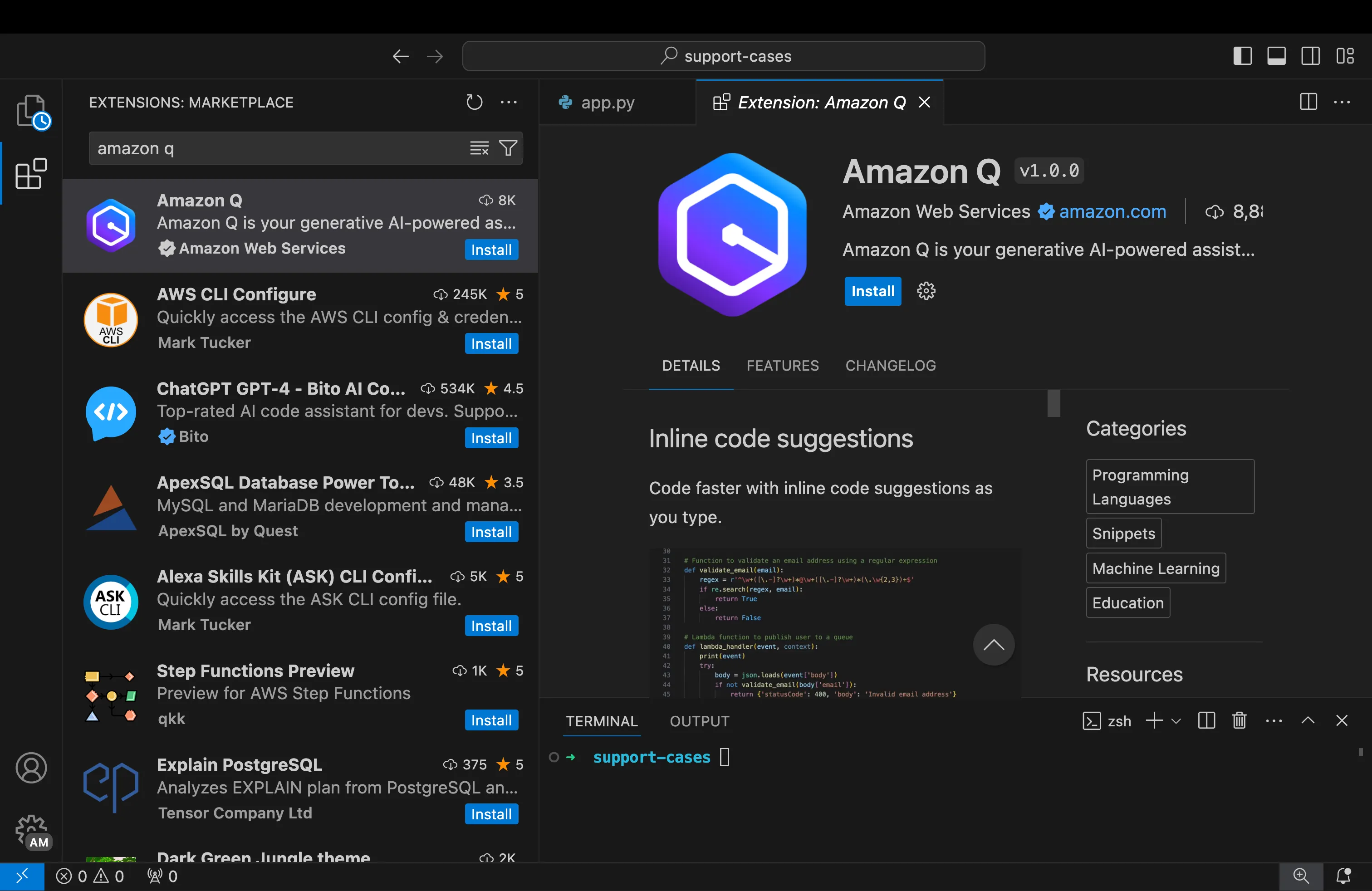 Amazon Q extension in Visual Studio Code