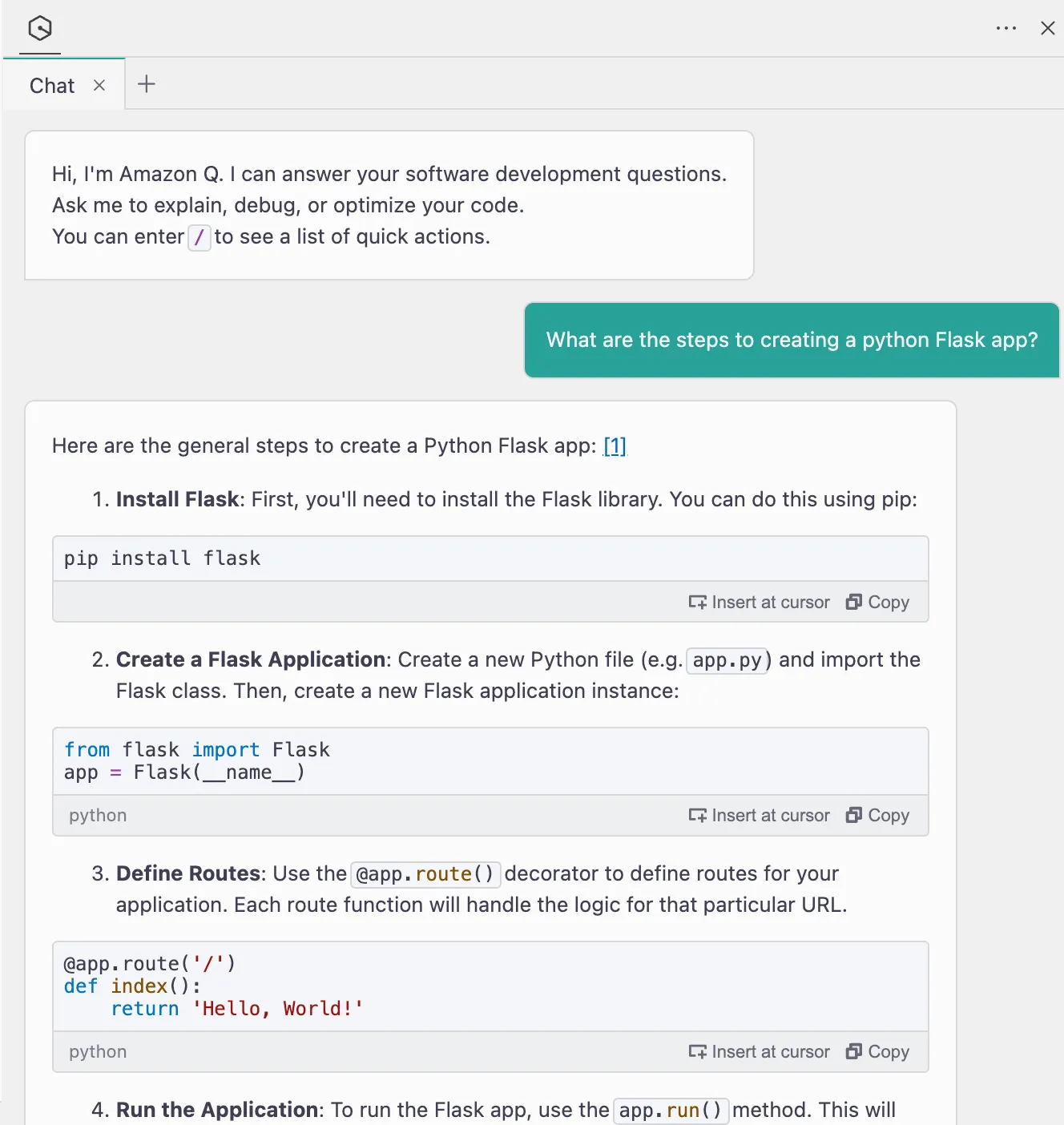 Amazon Q chat with prompt "What are the steps to creating a python Flask app?" and a response.