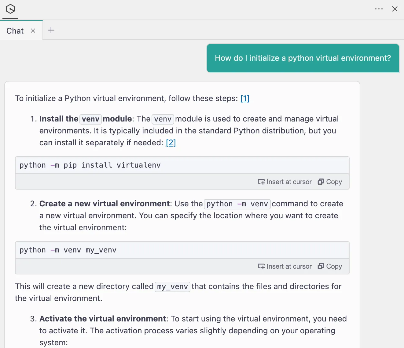 Amazon Q chat with prompt "How do I initialize a python virtual environment?"