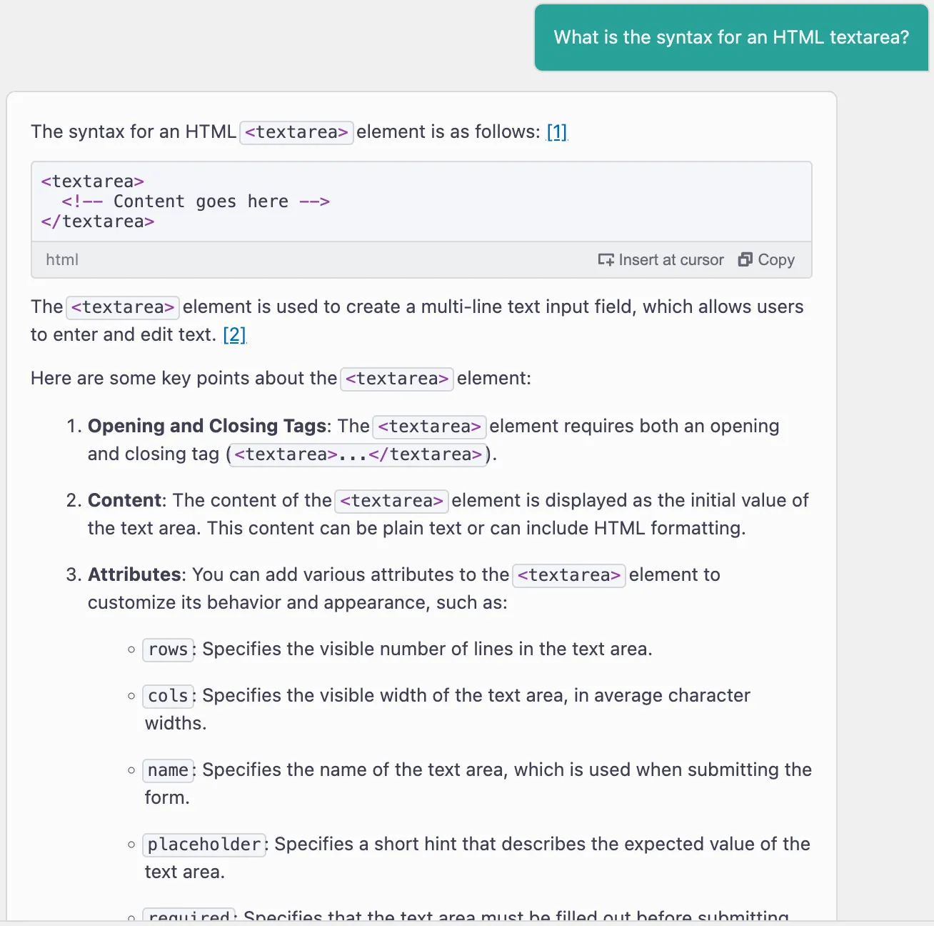 Amazon Q chat with prompt "What is the syntax for an HTML textarea?"
