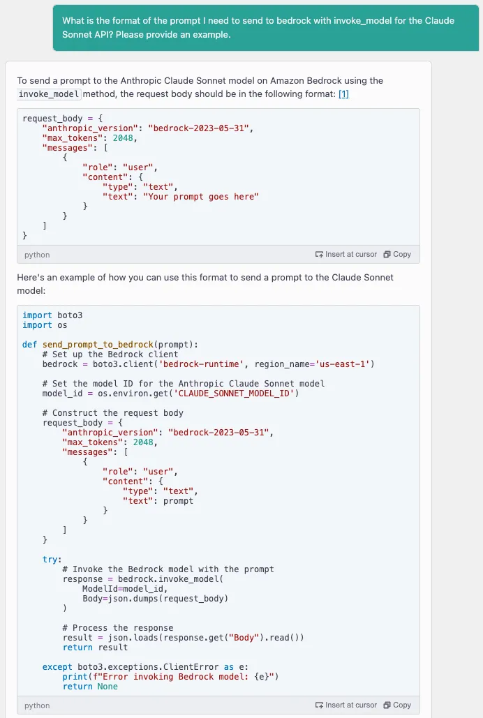 Prompt "What is the format of the prompt I need to send to Bedrock with invoke_model"