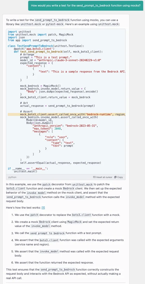 Prompt "How would you write a test for send_prompt_to_bedrock using mocks?"