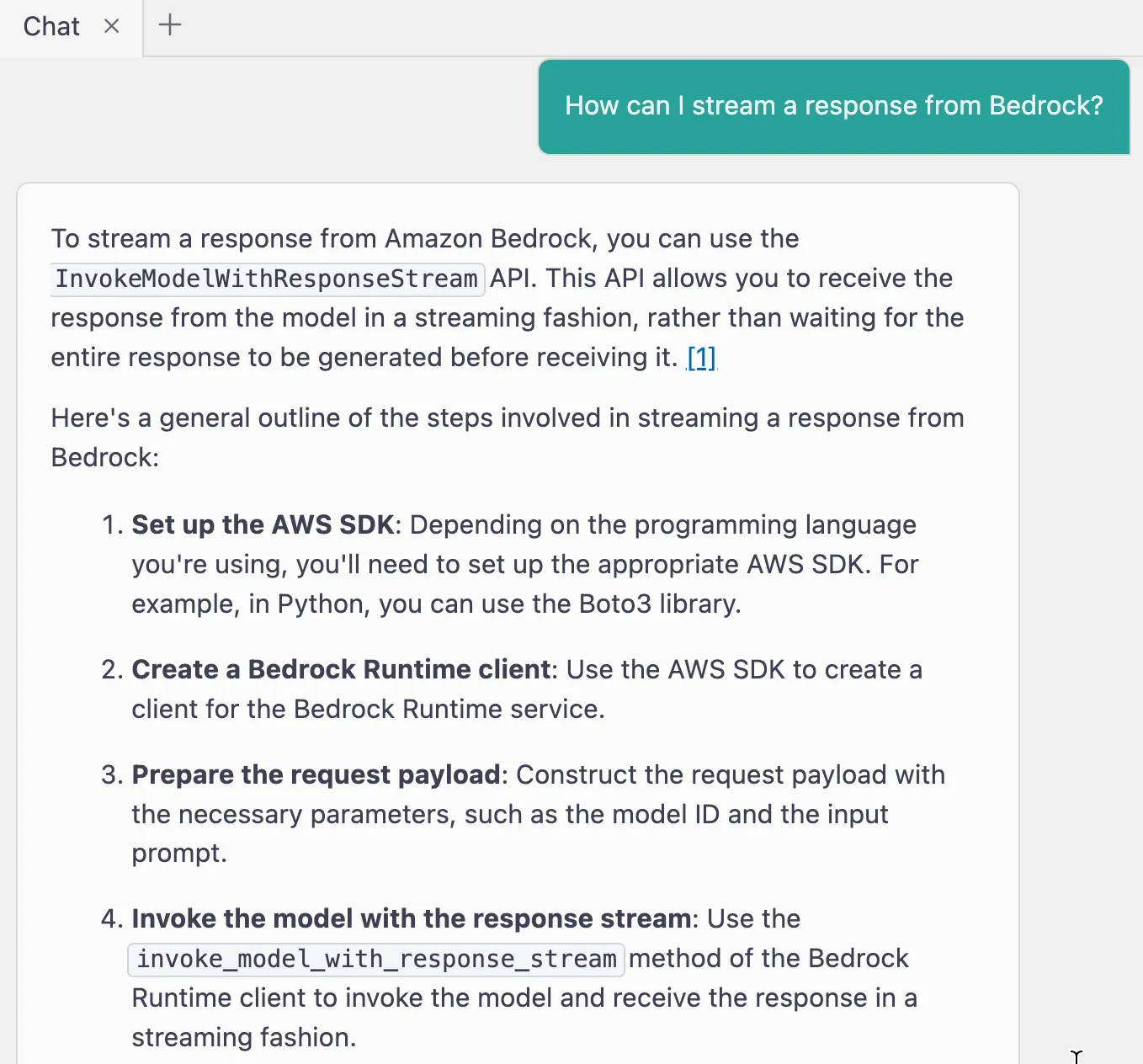 Amazon Q chat with prompt "How can I stream a response from Bedrock?"