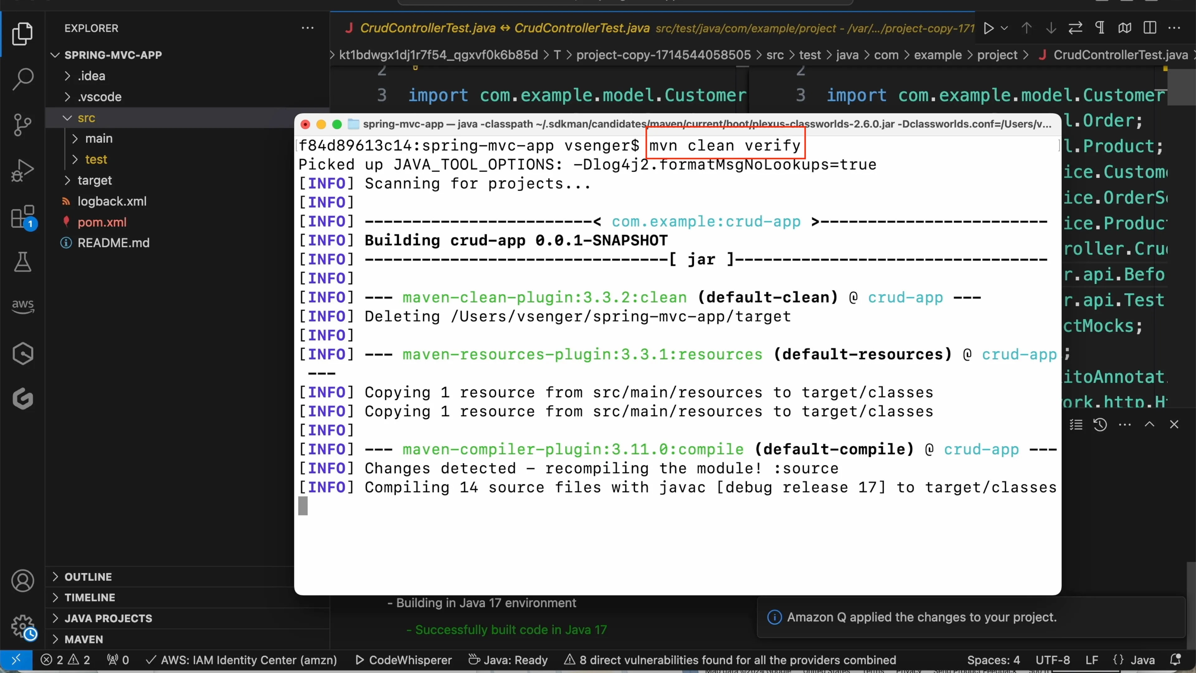 screenshot of terminal running mvn clean verify command
