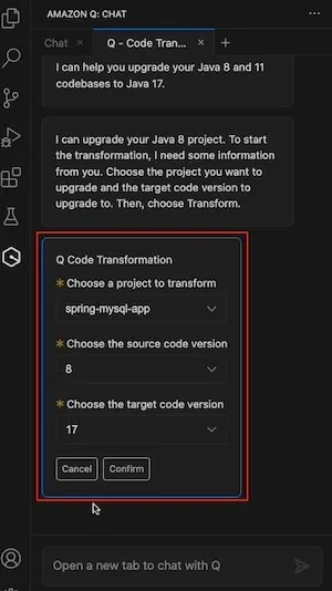 confirming the target project and java versions to migrate