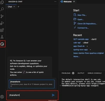 Open Amazon Q chat and type /transform