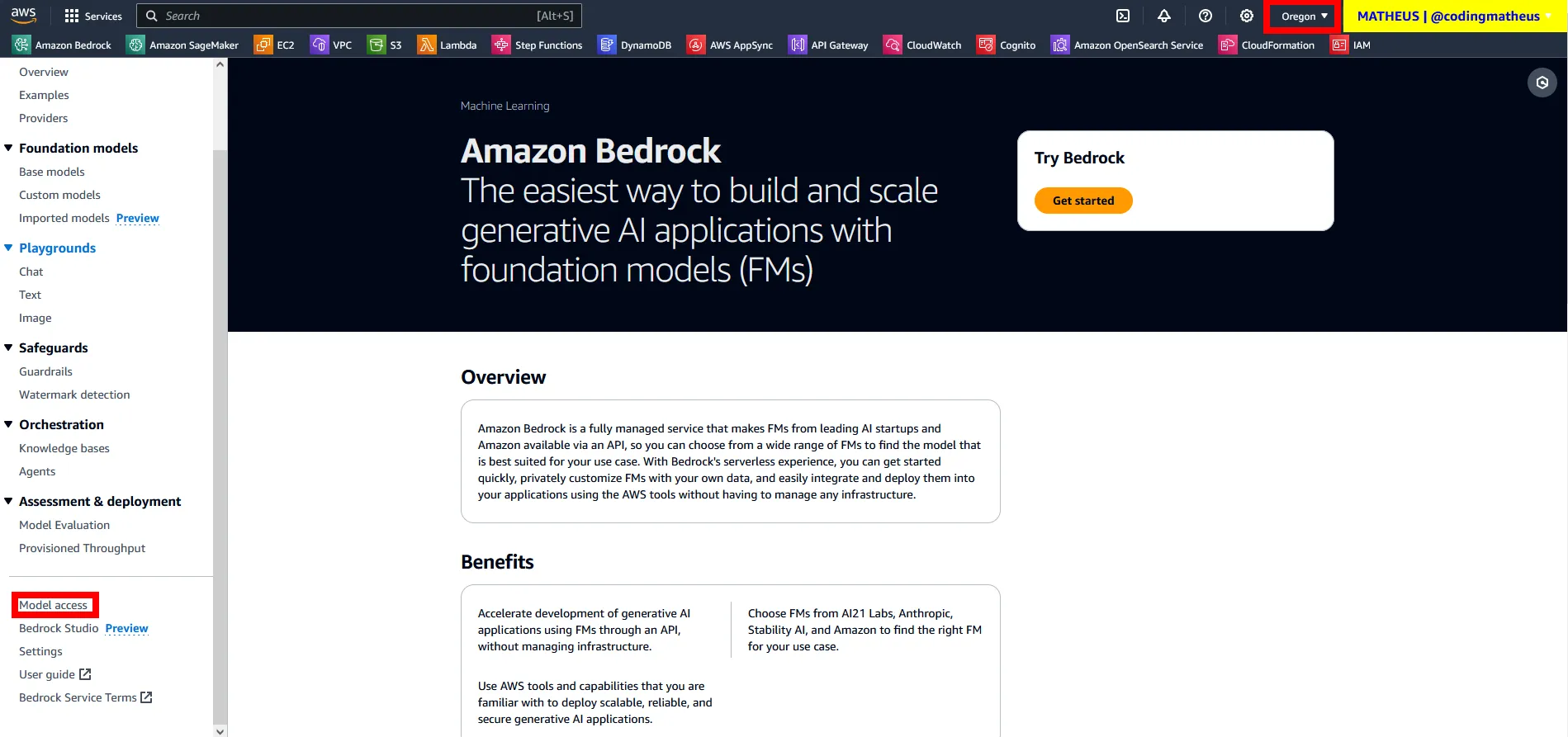 Amazon Bedrock home page showing the Oregon region (eu-west-2) selected and the Model Access menu.