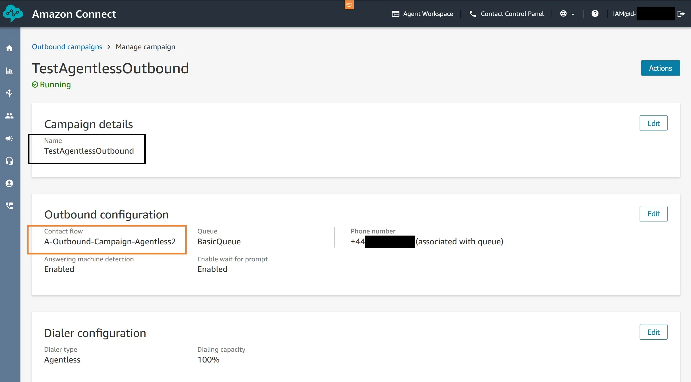 Amazon Connect Agentless Outbound Campaign configuration