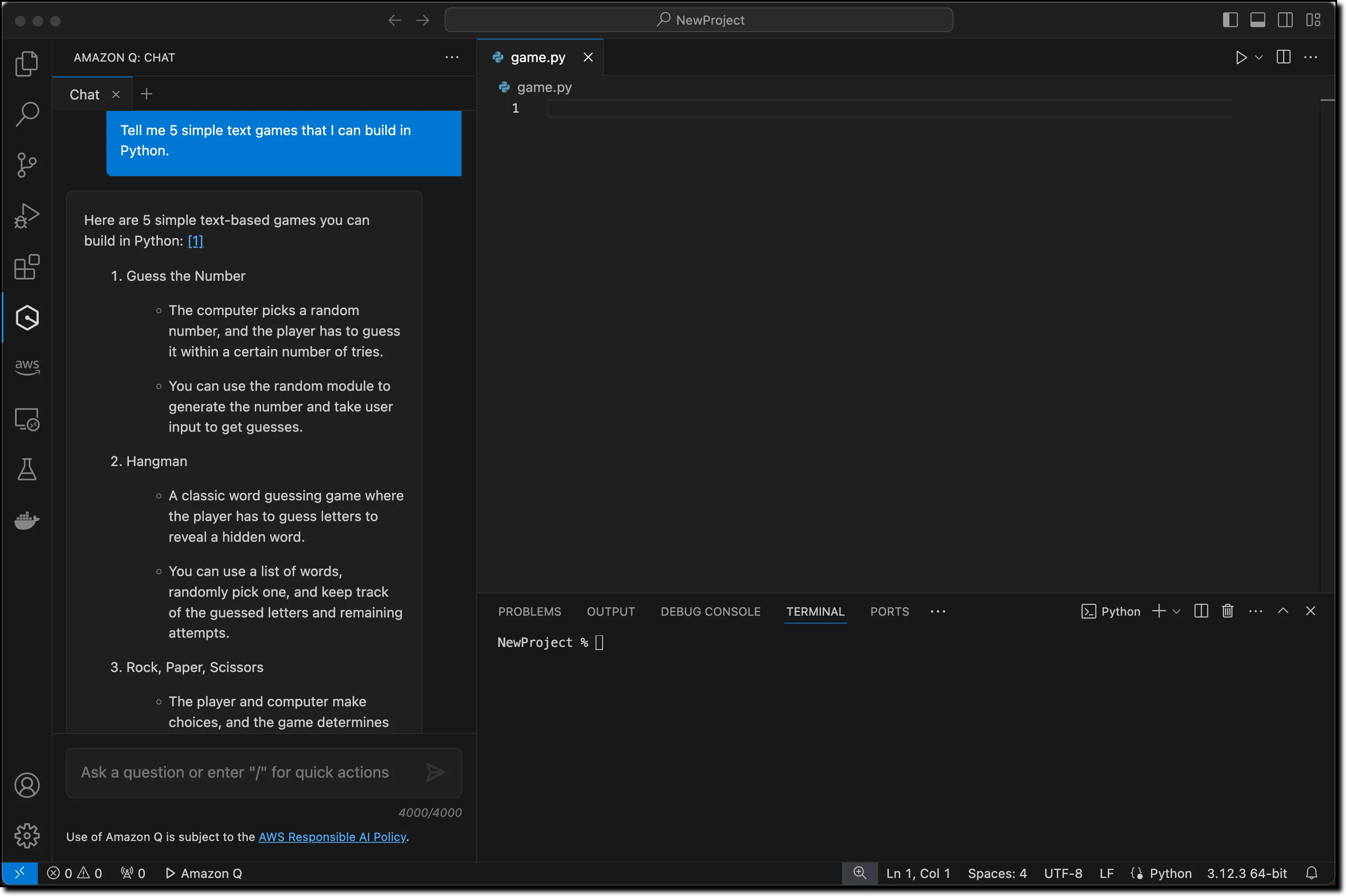 IDE with Amazon Q chat window and an empty Python project
