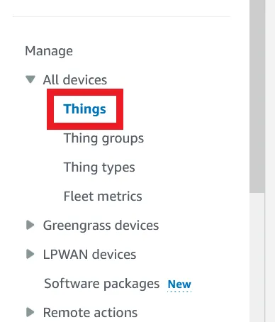 IoT Core Navigation menu showing Things link